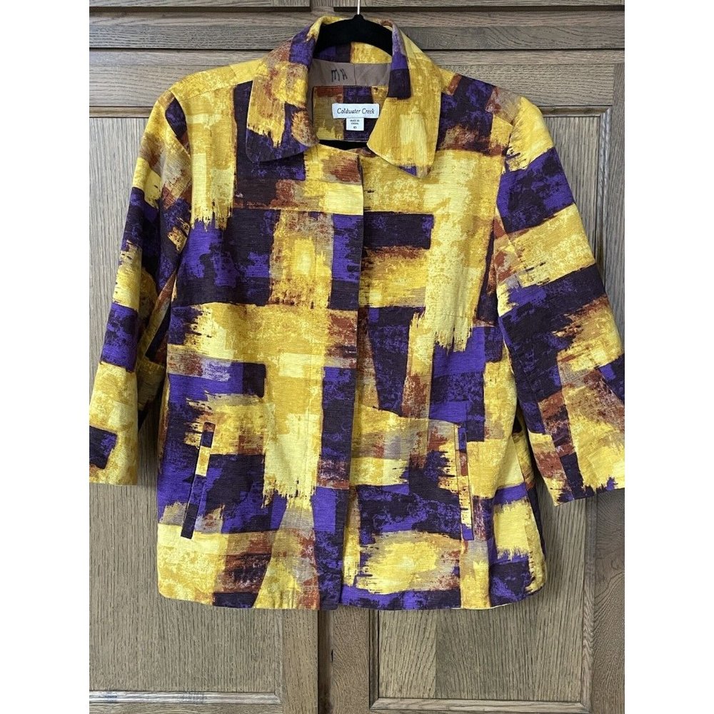 Coldwater Creek 10 Purple Yellow Cotton Vibrant Art-to-Wear Blazer Jacket 3/4
